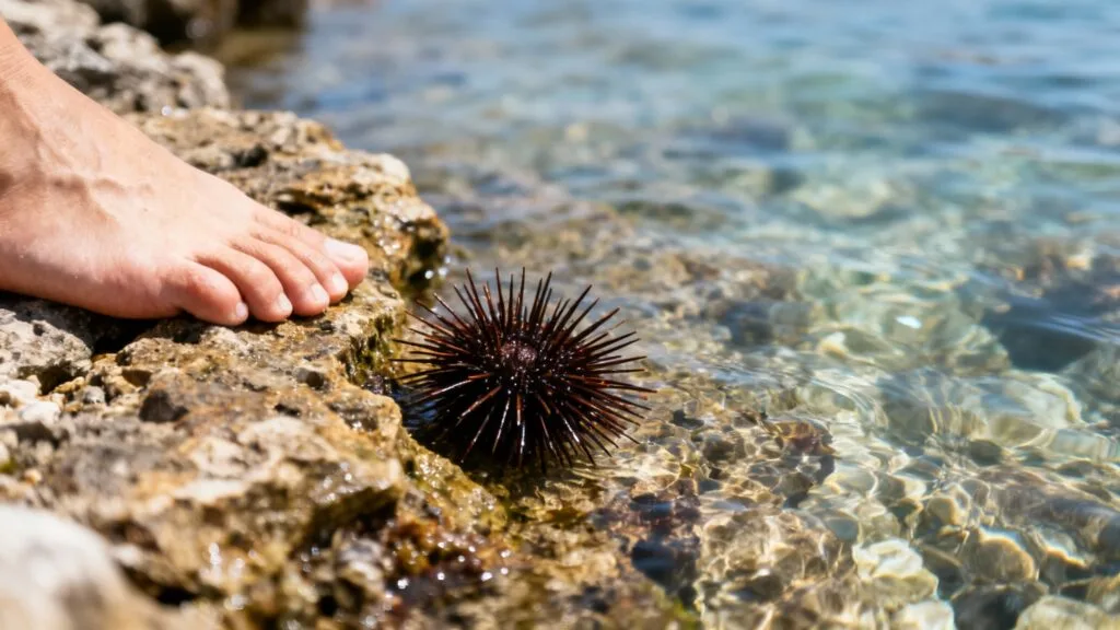 Oursins en zone rocheuse, chaussures d’eau conseillées