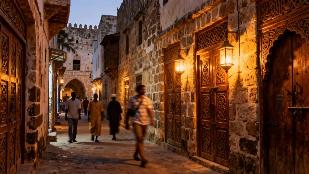 Ruelle étroite au crépuscule dans une ville côtière animée