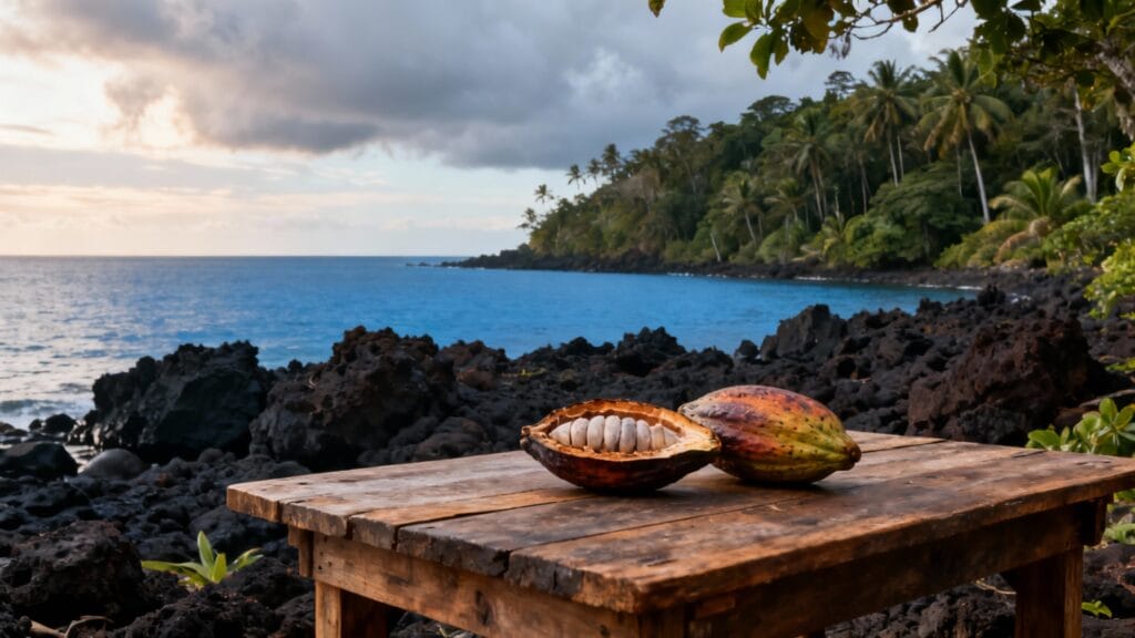 Plage de sable sombre, cacao et forêt tropicale