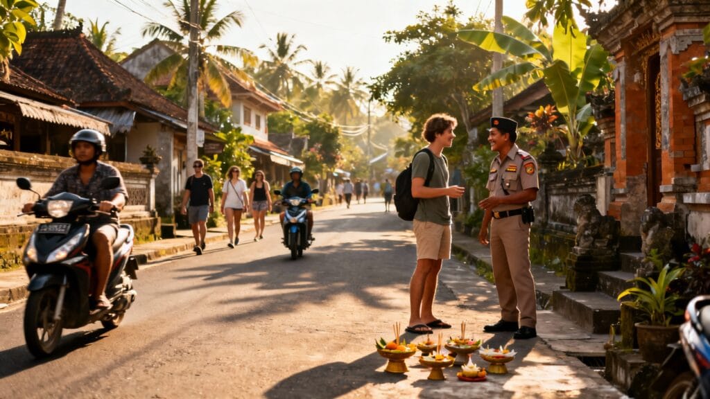 Sécurité à Bali au quotidien dans une rue animée