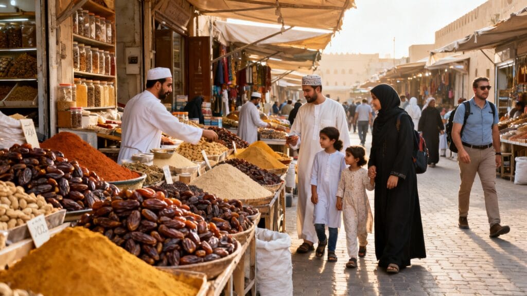 Sécurité Oman : ambiance sereine dans un marché animé