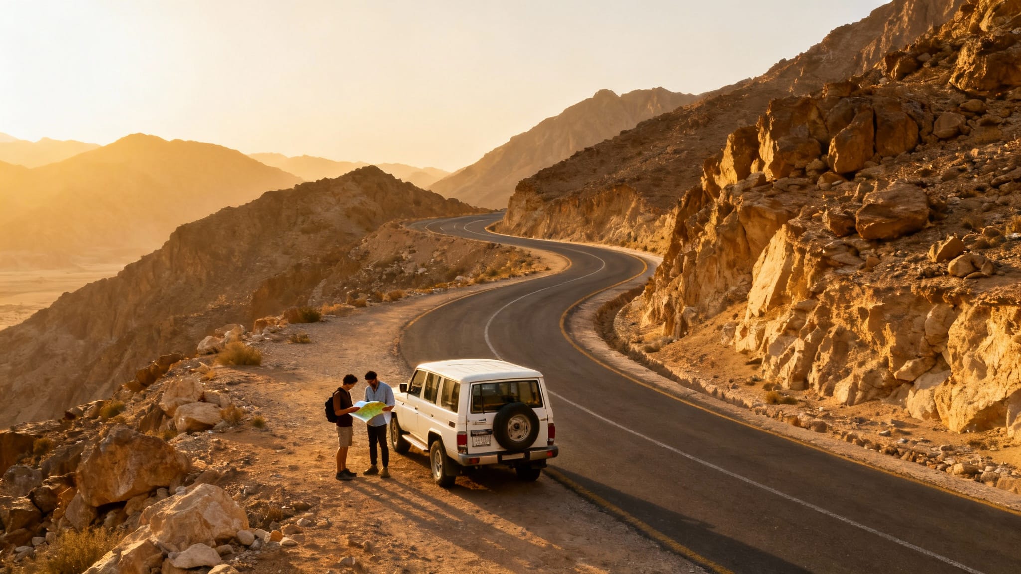 oman pays dangereux : route de montagne avec 4x4 au coucher du soleil