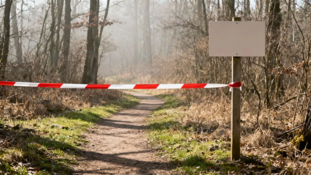 Chemin barré par ruban de sécurité, alerte à respecter