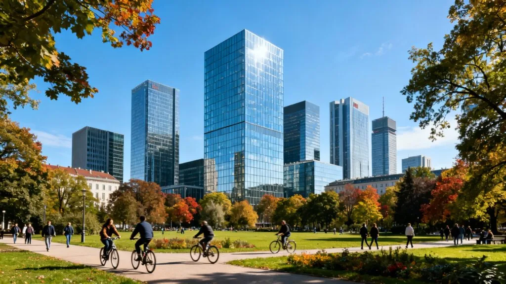 Skyline européenne moderne avec parc et cyclistes