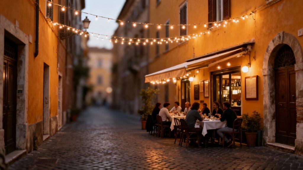 Ruelle pavée, guirlandes, tables de trattoria en soirée