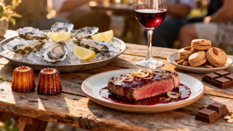 Sélection de spécialités de Bordeaux avec canelés, huîtres, entrecôte et chocolats