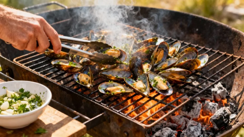 Moules en brasucade sur grill et braises