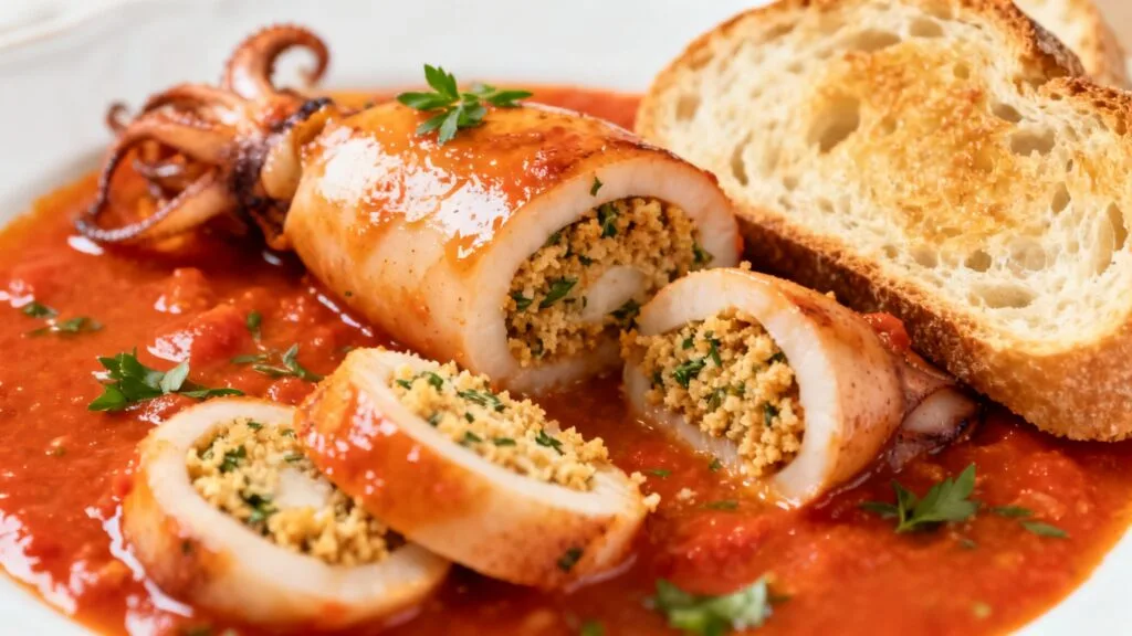 Encornets farcis moelleux en sauce aux herbes