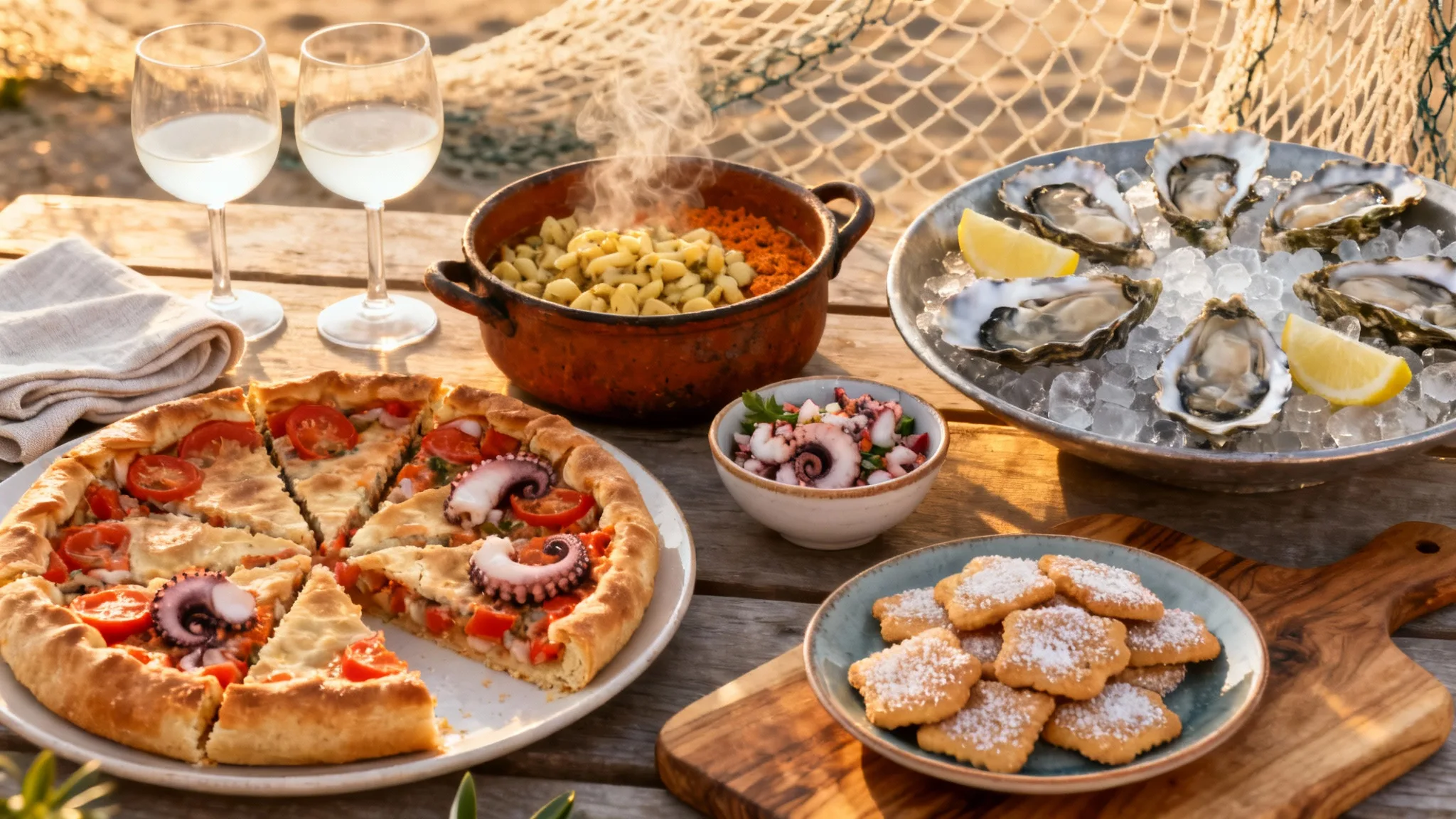 Assortiment de spécialités de Sète sur table méditerranéenne