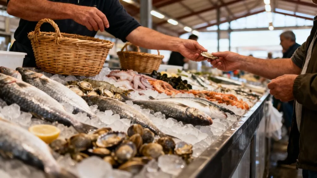 Étal de poissons et coquillages dans un marché couvert