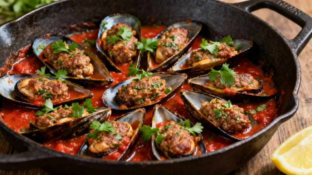 Moules farcies à la sétoise dans sauce tomate