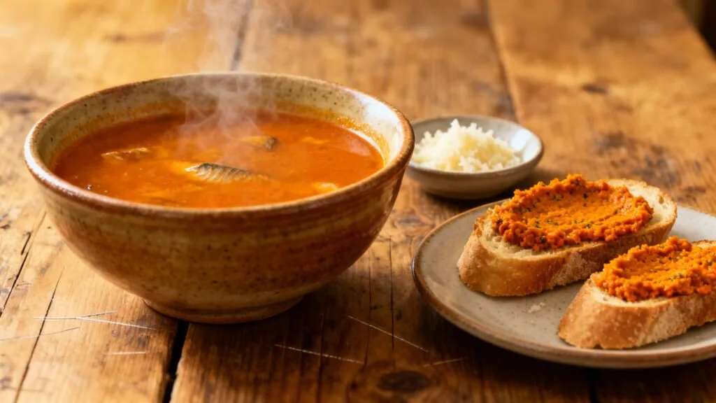 Soupe de poisson corsée avec croûtons à la rouille