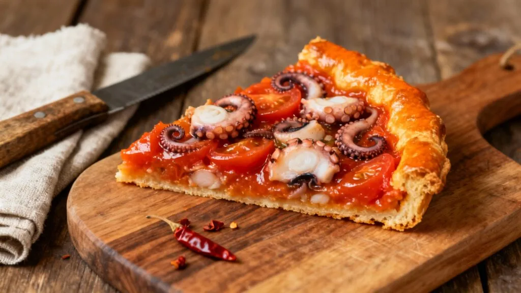 Part de tielle sétoise à la tomate, poulpe et encornets