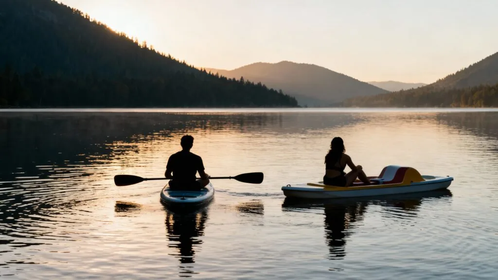Paddle et pédalo sur un lac de montagne