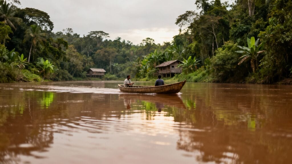 Pirogue sur rivière tropicale — Amazonie et cultures locales