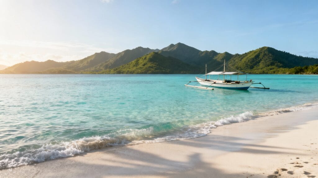 Lagon turquoise, pirogue et montagnes — île peu touristique