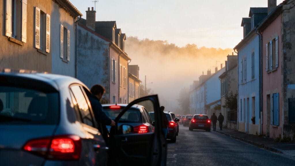 Rue de petite ville frontalière, voitures partant à l’aube