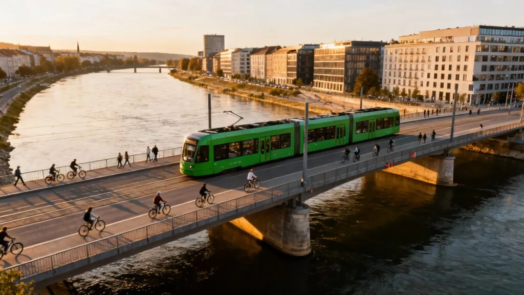 Tram sur pont reliant une zone transfrontalière urbaine