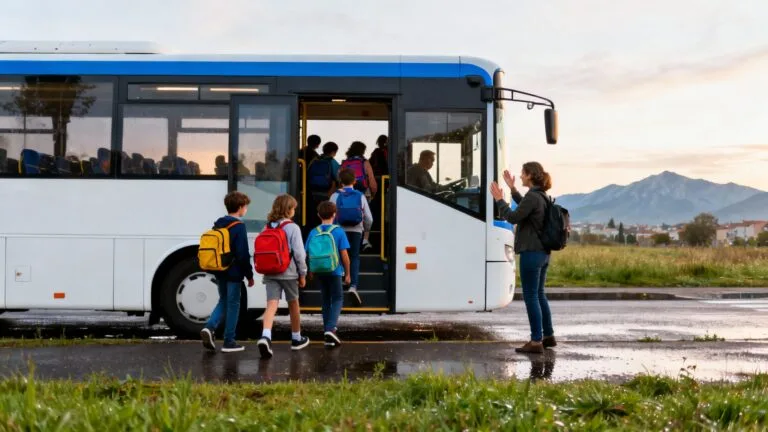 Élèves montant dans un car des transports scolaires en Auvergne‑Rhône‑Alpes