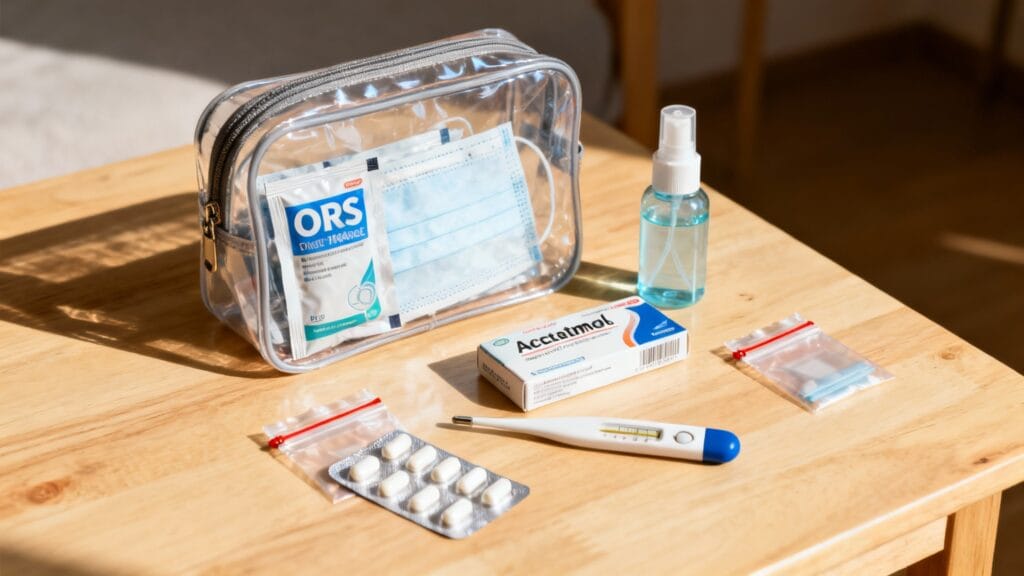 Trousse médicale voyage avec ORS, paracétamol et probiotiques