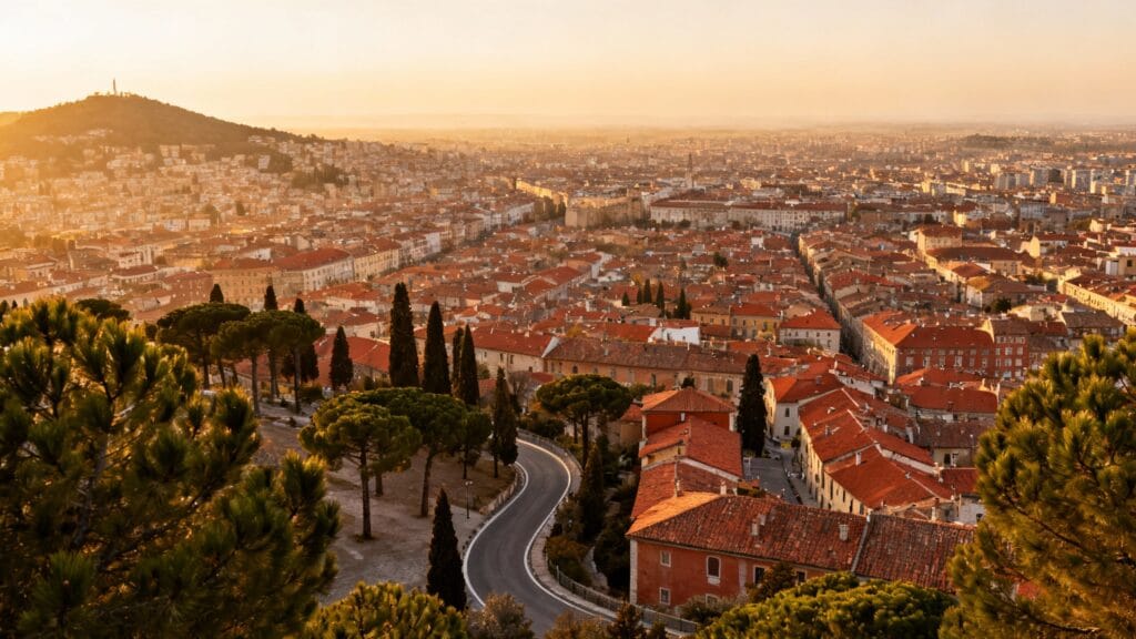 Vaste capitale européenne aux toits en tuiles et lumière dorée