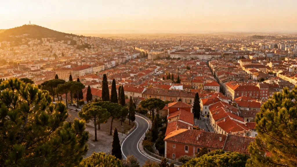 Vaste capitale européenne aux toits en tuiles et lumière dorée