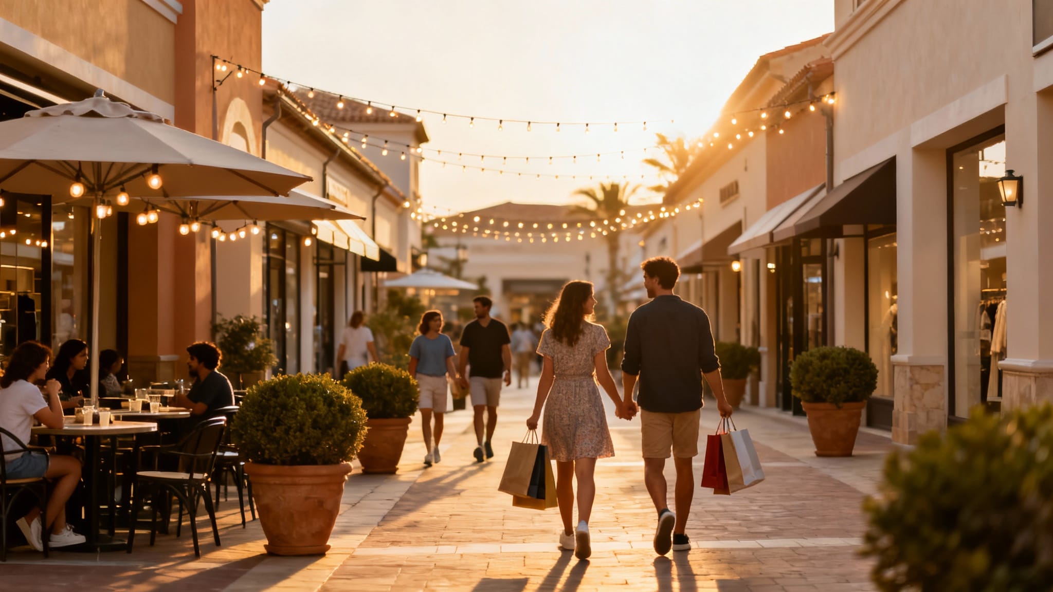 Allée d’un outlet à ciel ouvert avec visiteurs