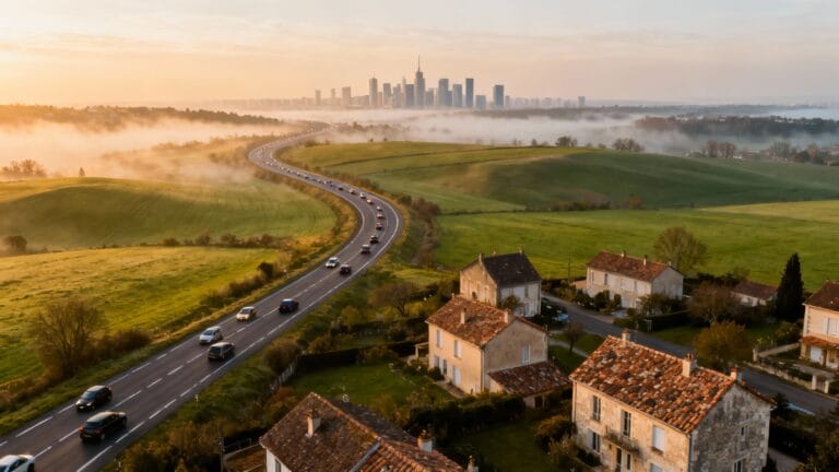 Paysage routier vers une ville frontière Luxembourg France au lever du jour