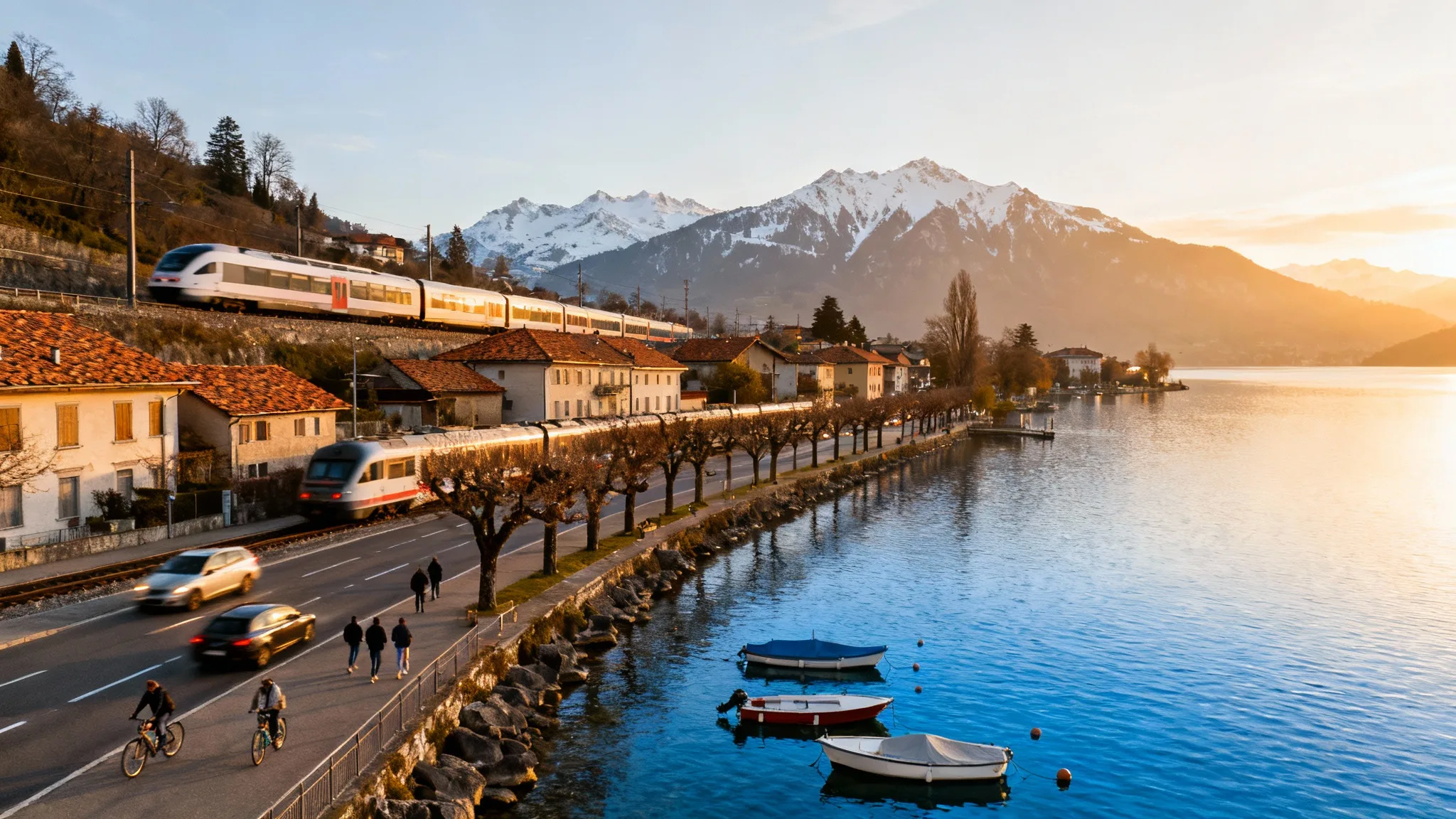 Ville frontière suisse côté lac avec train et montagnes