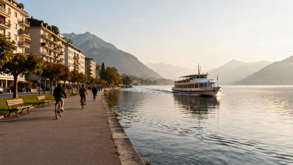Rive de lac alpin avec ferry et pistes cyclables