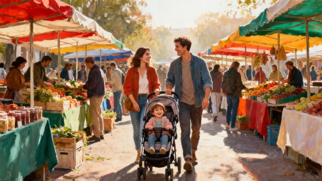 Famille avec poussette marchant dans un marché convivial