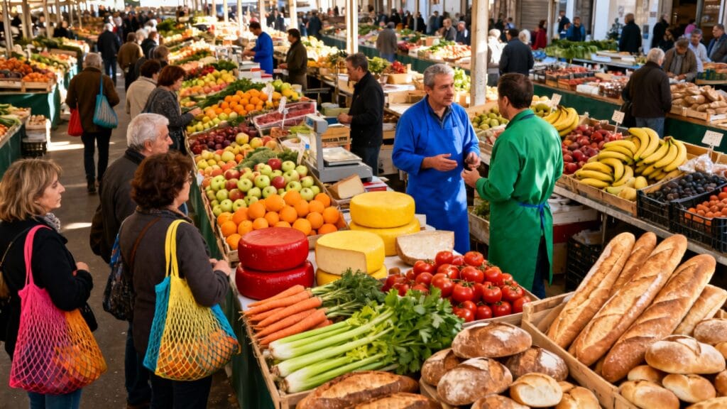 Vue générale d’un marché alimentaire animé en centre-ville