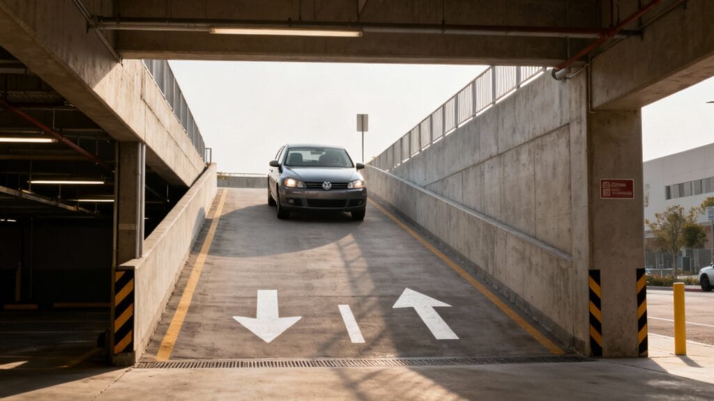 Accès parking El Prat avec marquages directionnels