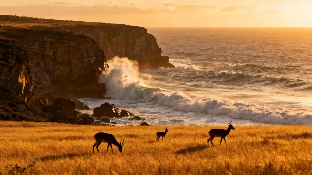 Côte sauvage et savane dorée au crépuscule