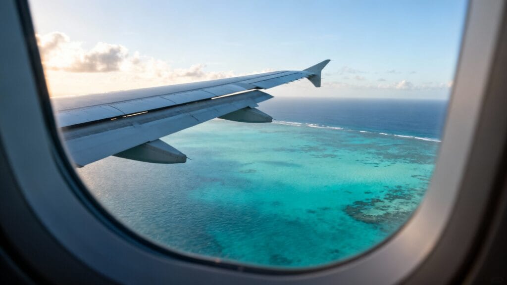Aile d’avion au‑dessus d’un océan turquoise vers les Seychelles