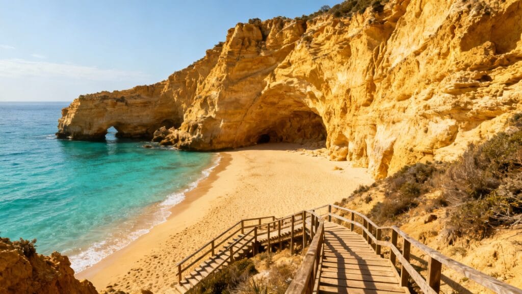 Falaises dorées et crique turquoise en avril