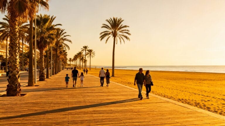 Promenade côtière ensoleillée avec palmiers, loin de l’idée d’Alicante ville dangereuse