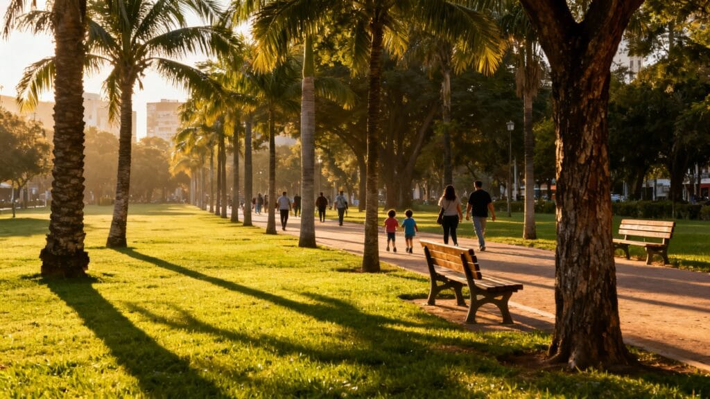 Allée ombragée et palmiers dans un parc urbain