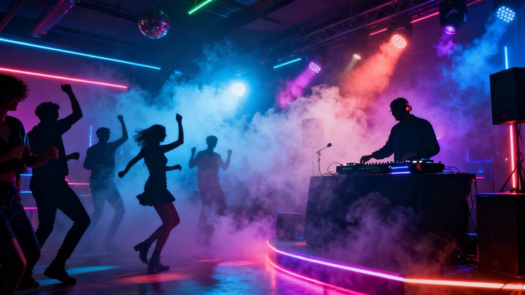 Ambiance club tropicale, lumières et danse