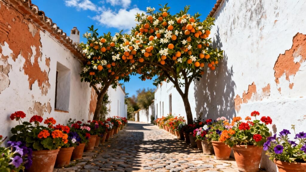 Façades blanches et orangers fleuris au soleil