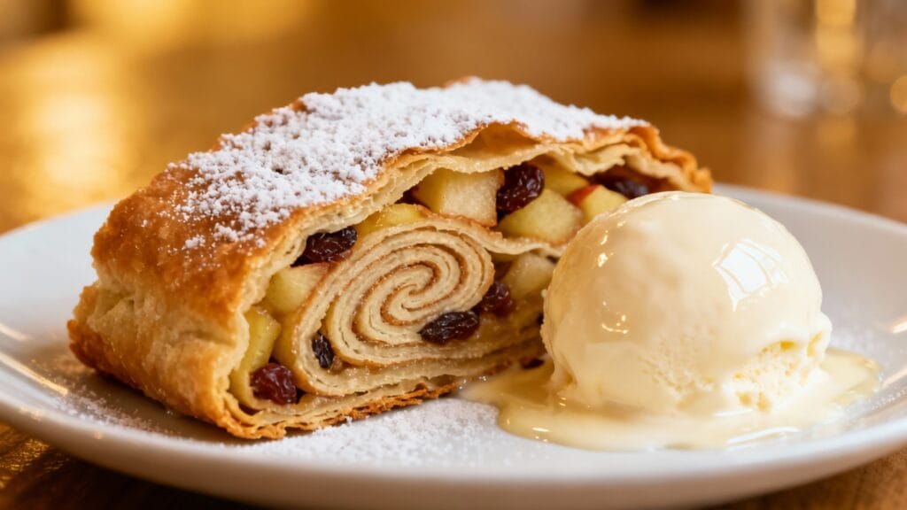 Apfelstrudel aux pommes et cannelle avec glace vanille