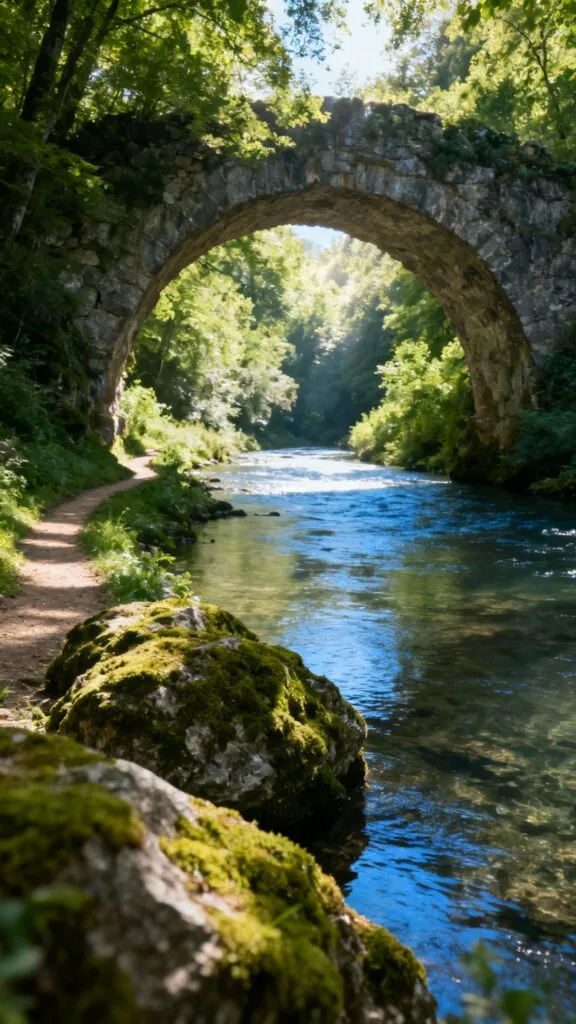 Arc rocheux sur rivière translucide en gorge verdoyante