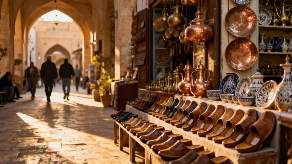 Arcades et étals d’artisanat dans la nouvelle médina