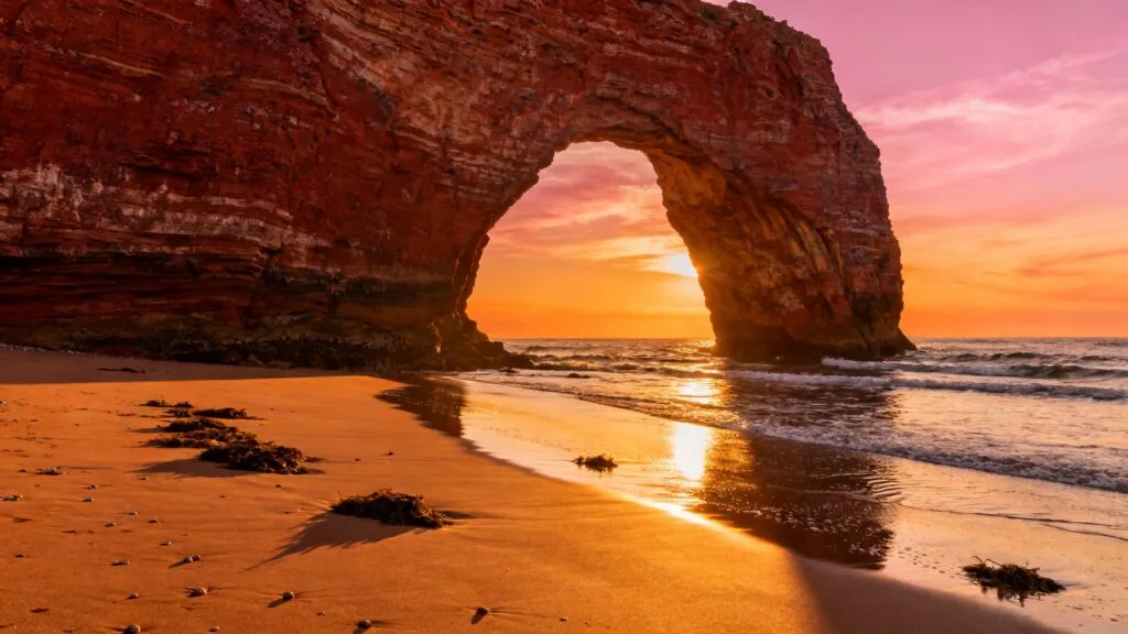 Arche rocheuse rouge au-dessus d’une plage à marée basse