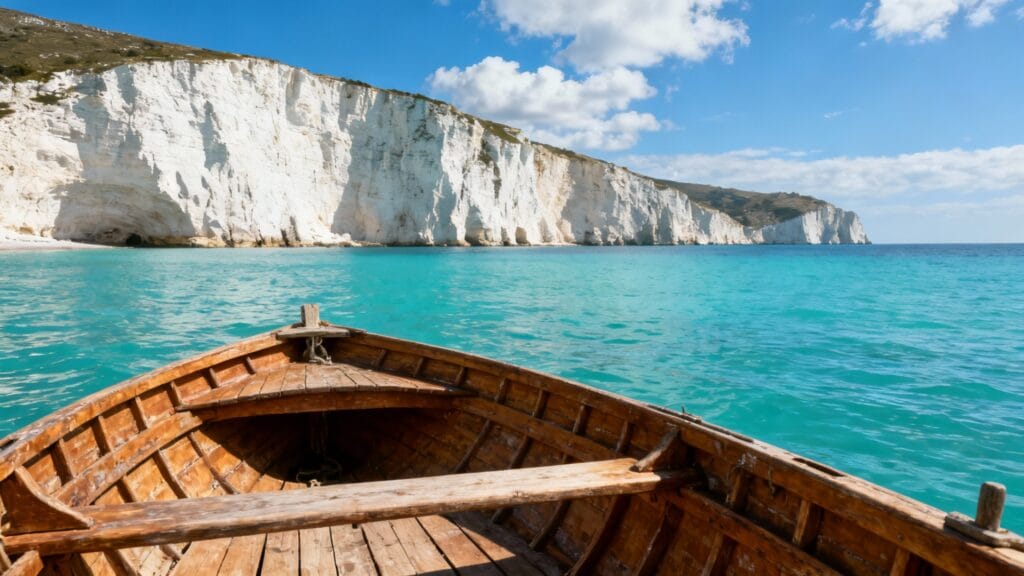 Barque en bois sur mer turquoise, falaises calcaires