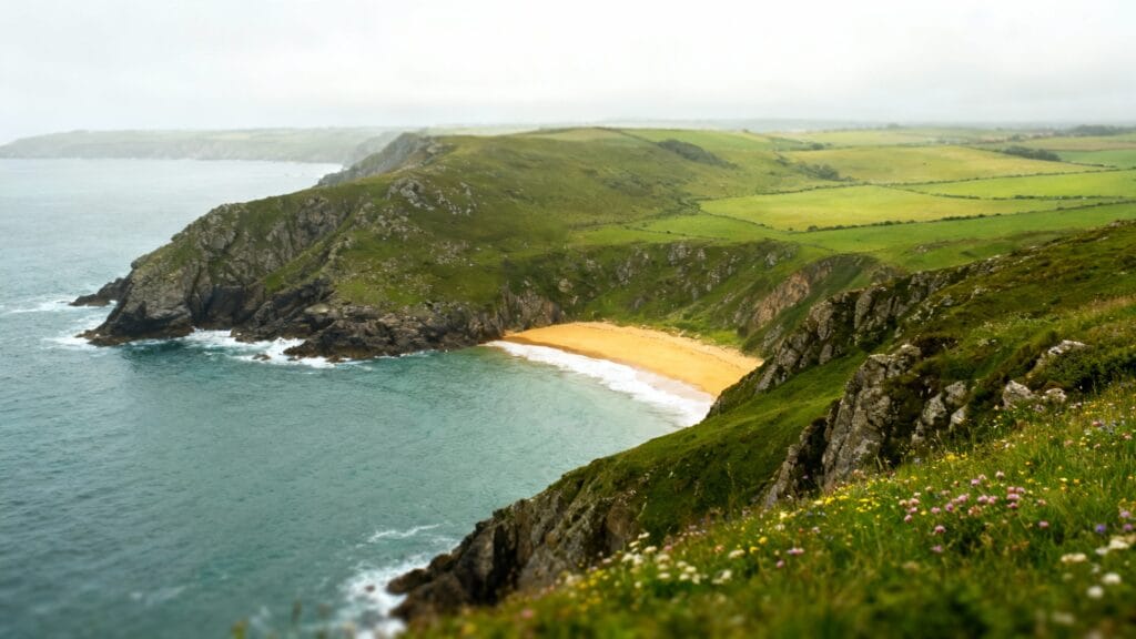 Crique de sable et falaises vertes sur l’Atlantique