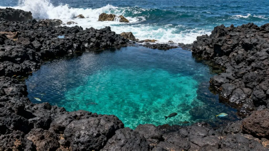 Bassin naturel basaltique protégé, houle au large