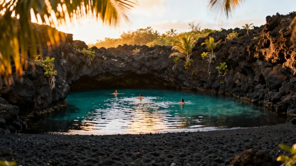 Bassin protégé sur sable noir, eau calme et sûre