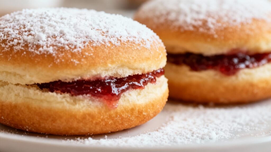 Berliner Pfannkuchen fourrés à la confiture, sucre glace