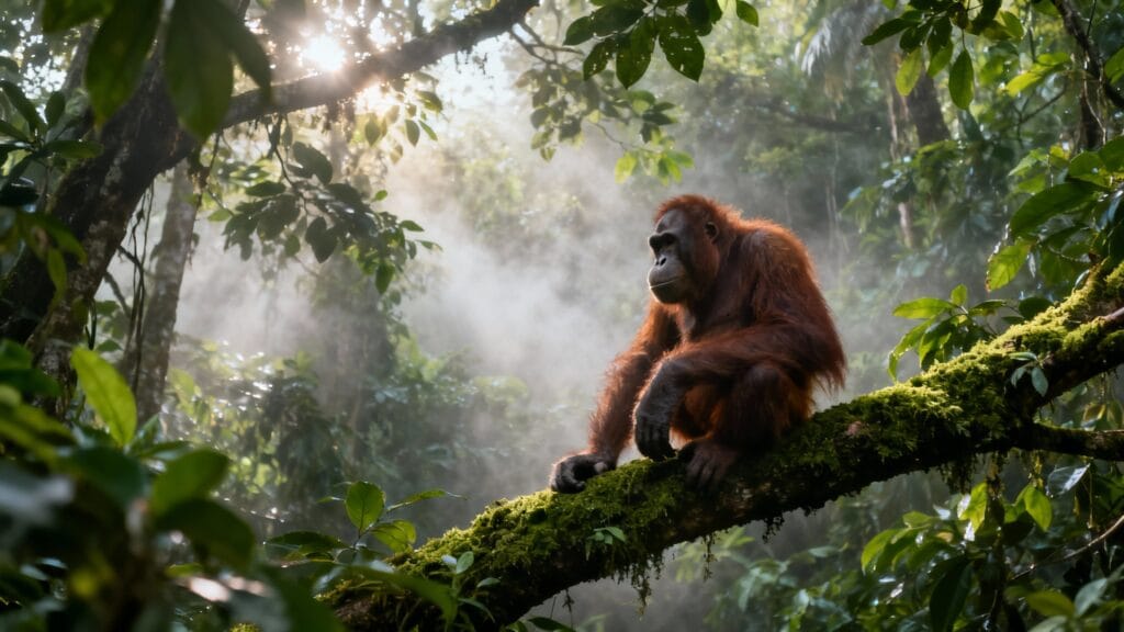 Orang‑outan dans une forêt tropicale brumeuse